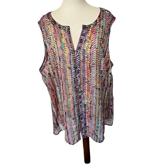 Liz Claiborne 2X Sleeveless V Notch Neckline Colorful Pattern Top - Picture 1 of 7